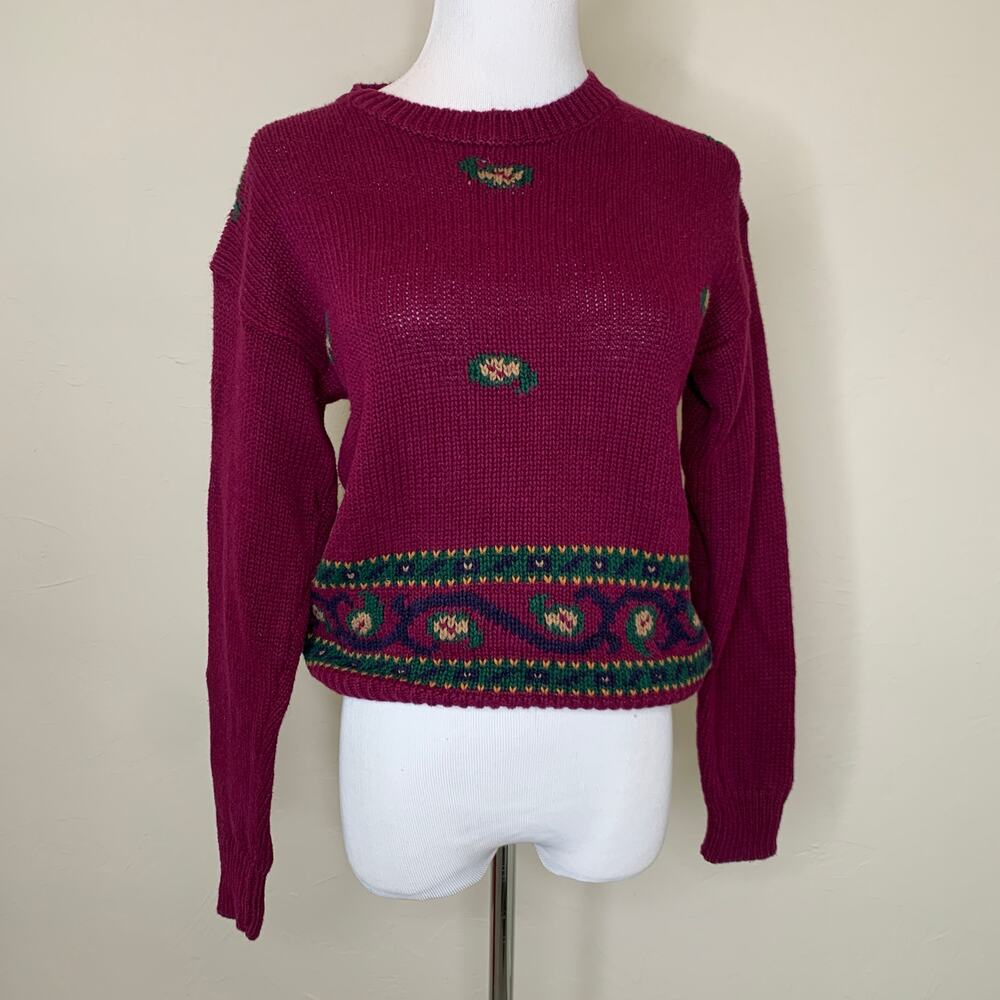Vintage Hunt Club Maroon Sweater Floral Design Sz Small Linen Cotton